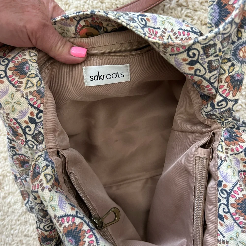 Sakroots Atlas Hobo Mosaic Cambria Print Hobo Bag with Brown Leather Straps